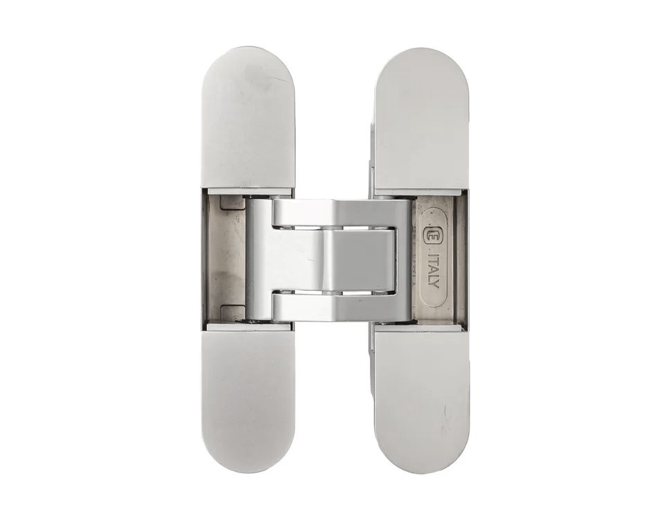 (1 кор.=2 петли) Петля скрытая ELEMENTIS, серия ITALY, универсальная, 3D, 120x27 мм, 60 кг, цамак, цвет серебро матовое. Рис. 1