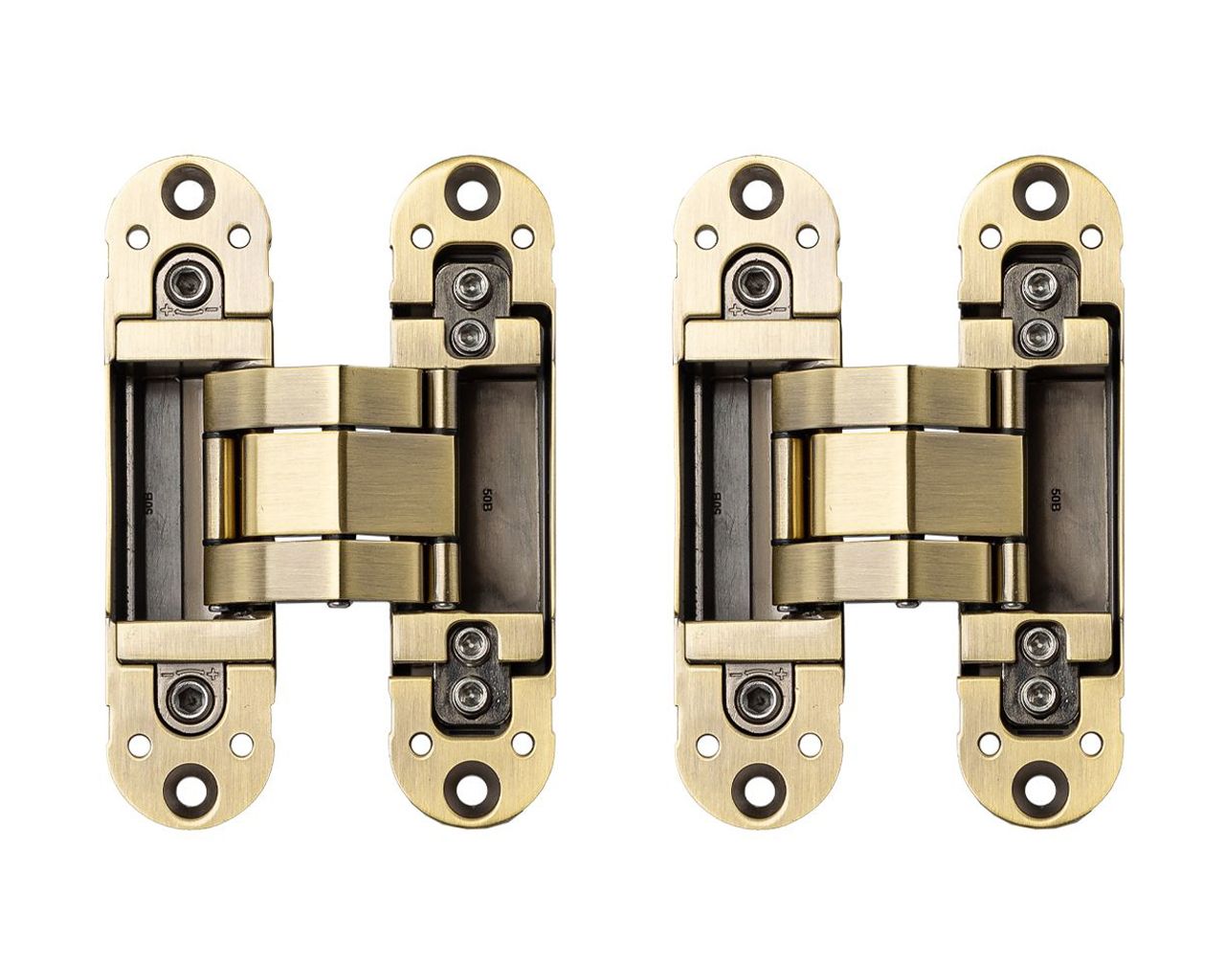 (1 кор.=2 петли) Петля скрытая ELEMENTIS, универсальная, 3D, 120x30 мм, 50 кг, цамак, бронза античная, в комплекте 2 петли,8 пласт. колпачков,8 винтов,2 рег.ключа,1 инструкция. Рис. 2