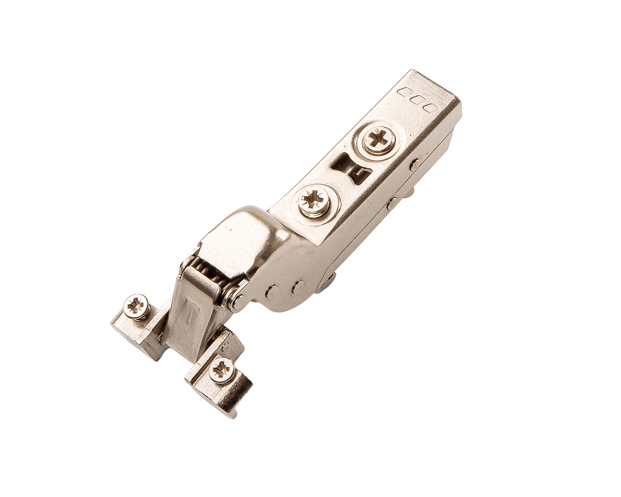 Петля для вкладных дверей с фасадом из алюминиевой рамки Alphalux Clip-On, c доводчиком, угол открывания 100°, никель. Рис. 1