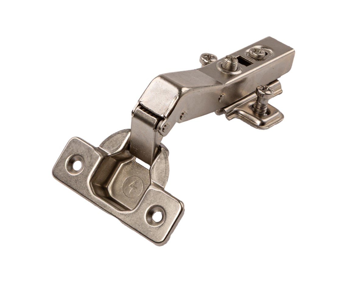 Петля угловая +45 Clip-On с доводчиком, 87 гр, с монтажной планкой H=2 мм в сборе, с предустановленными евровинтами , 45 мм, 35 мм чашка. Рис. 1