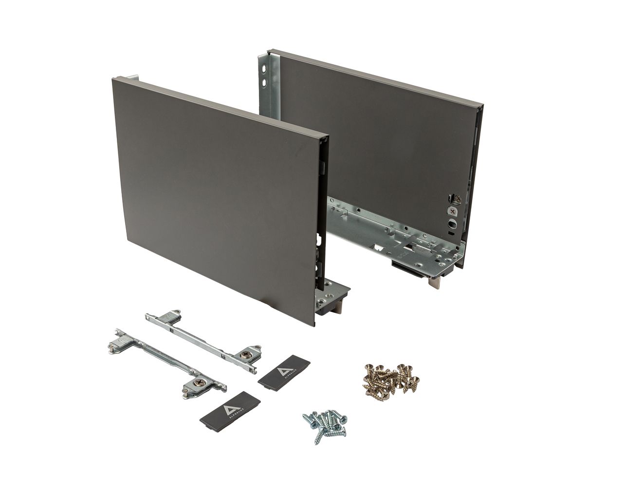 Комплект боковин ALPHALUX высота 180,5мм (high), длина 270 мм (L/R, крепления фасада, заглушки) для ящика CRYSTAL, антрацит. Рис. 1