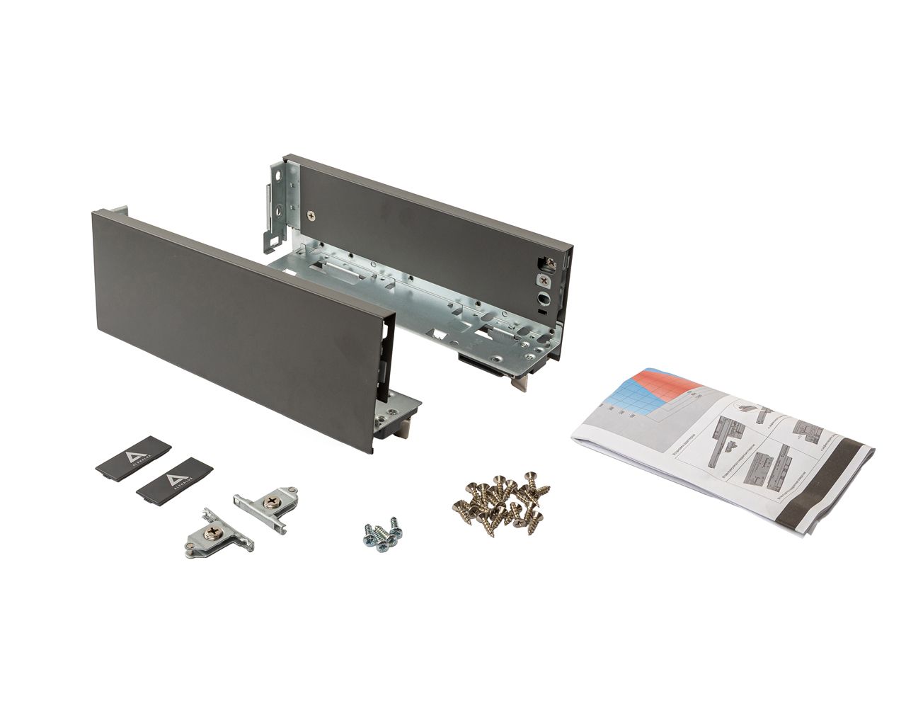 Комплект боковин ALPHALUX высота 95,5мм (low), длина 270 мм (L/R, крепления фасада, заглушки) для ящика CRYSTAL, антрацит. Рис. 1 Комплект боковин ALPHALUX высота 95,5мм (low), длина 270 мм (L/R, крепления фасада, заглушки) для ящика CRYSTAL, антрацит. Рис. 1