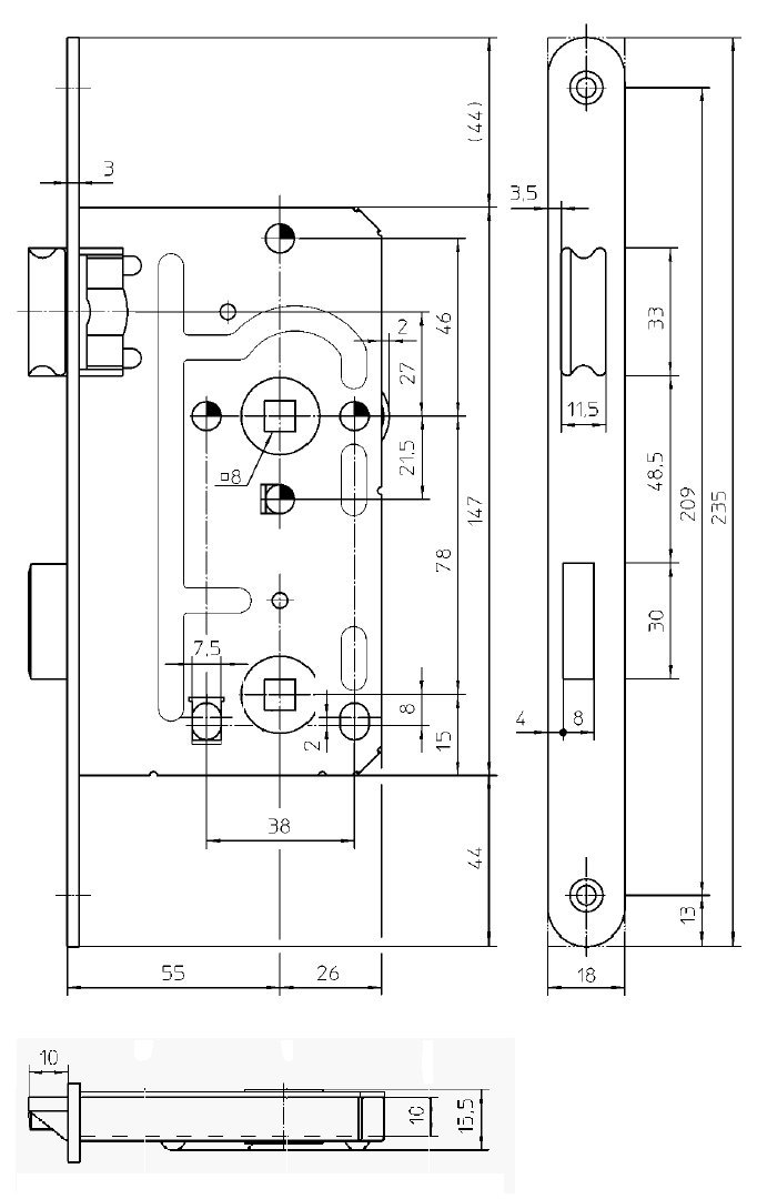 3291222 Замок с ригелем и фалевой защелкой, дорнмасс 55 мм, межосевое расстояние 78 мм, ширина штульпа 18 мм, для сантехнических узлов , левый, серебристый. Рис. 2