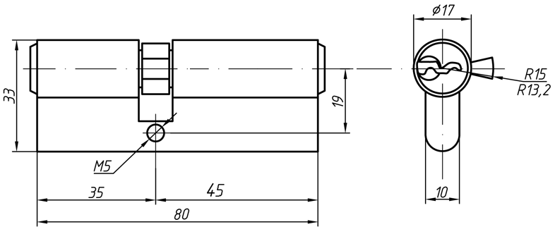 Цилиндр профильный ELEMENTIS 35/45, 5 перфорированных ключей, никелированный. Рис. 2 Цилиндр профильный ELEMENTIS 35/45, 5 перфорированных ключей, никелированный. Рис. 2