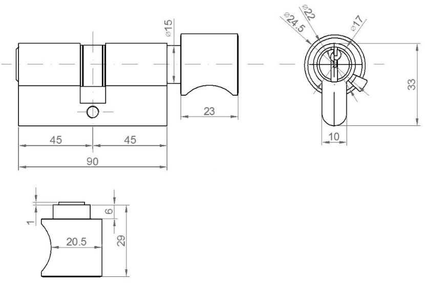 Цилиндр профильный ELEMENTIS с ручкой 45(ключ)/45(ручка), 5 ключей, никелированный. Рис. 3