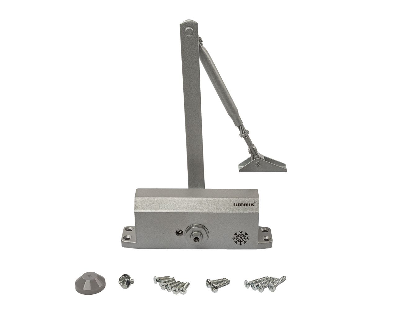 Доводчик с рычажной тягой, усилие EN3/4, с функц. задержки закрывания (DA), серебристый (RAL9006), Elementis. Рис. 1 Доводчик с рычажной тягой, усилие EN3/4, с функц. задержки закрывания (DA), серебристый (RAL9006), Elementis. Рис. 1