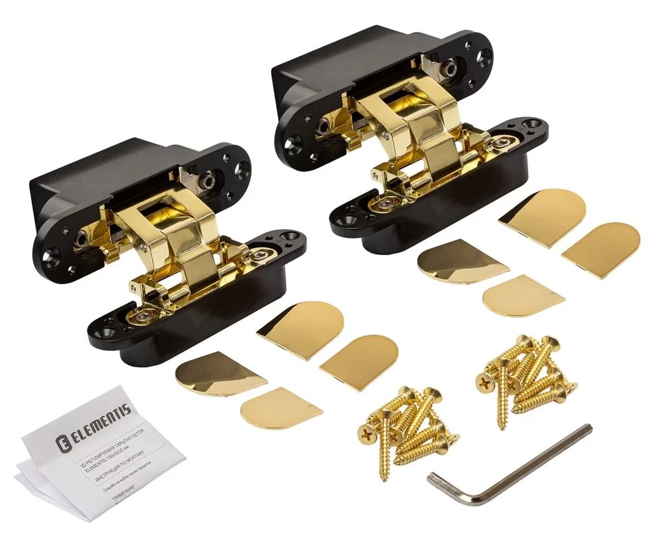 (1 кор.=2 петли) Петля скрытая ELEMENTIS, универсальная, 3D, 130x25/32 мм, 80 кг, цамак, золото полированное/черный катафорез. Рис. 3