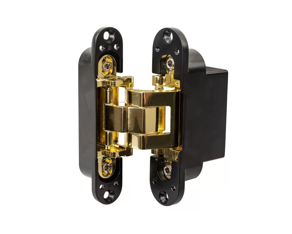 (1 кор.=2 петли) Петля скрытая ELEMENTIS, универсальная, 3D, 130x25/32 мм, 80 кг, цамак, золото полированное/черный катафорез. Рис. 2