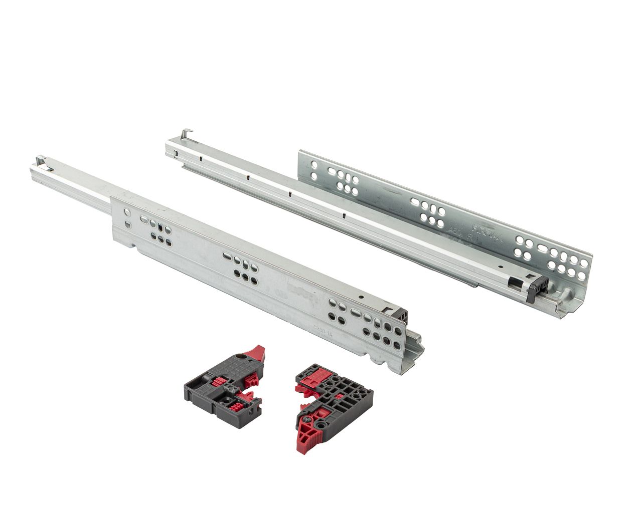 Комплект направляющих Soft-Close скрытого монтажа Firmax Simple, L=450мм, полного выдвижения, для ЛДСП 16 мм с доводчиком, (2 направляющие + 2 крепления). Рис. 1