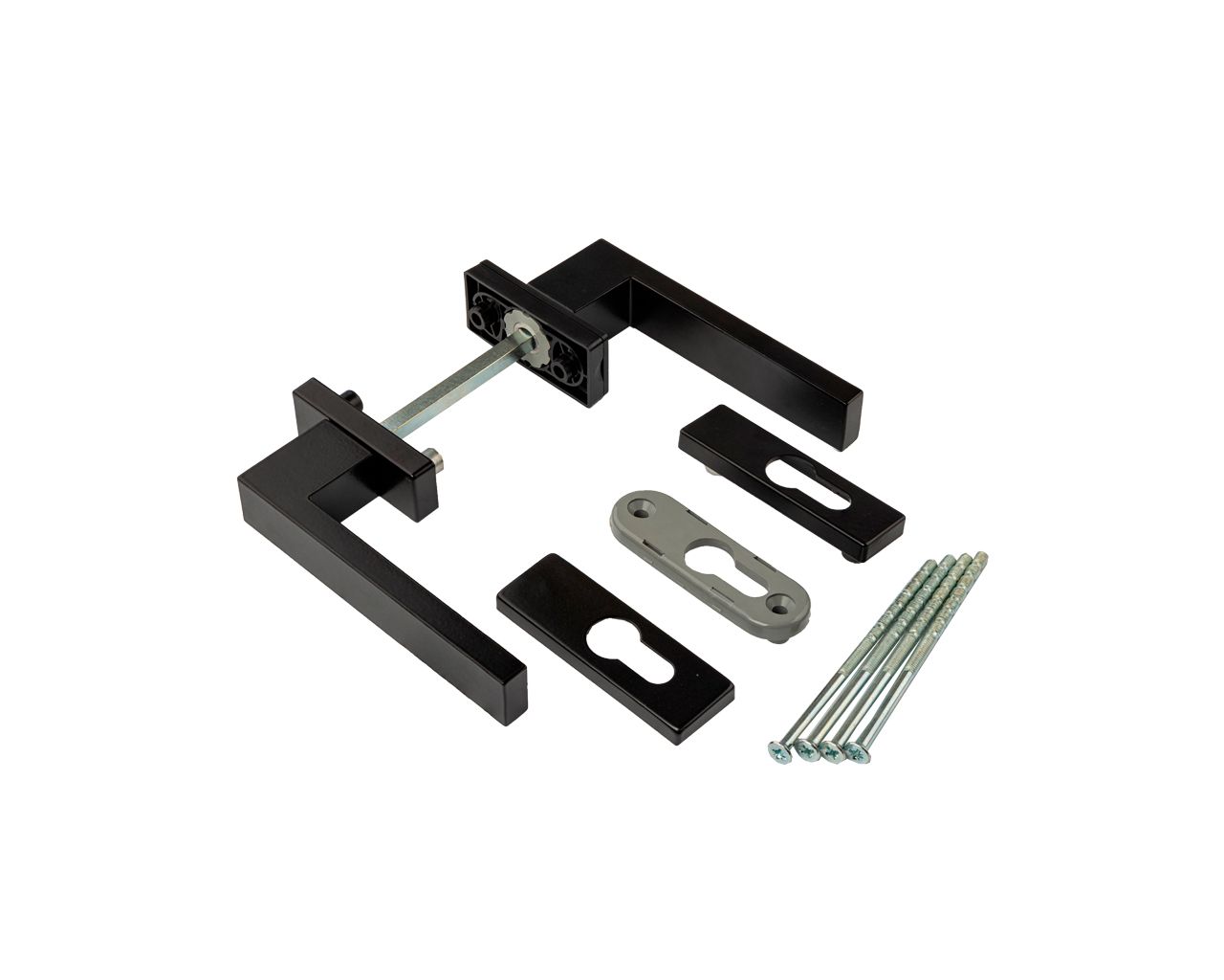 Гарнитур балконный Internika DUBLIN с накладкой на цилиндр, штифт 117 мм, 4 винта, черный матовый RAL9005M (45°). Рис. 1