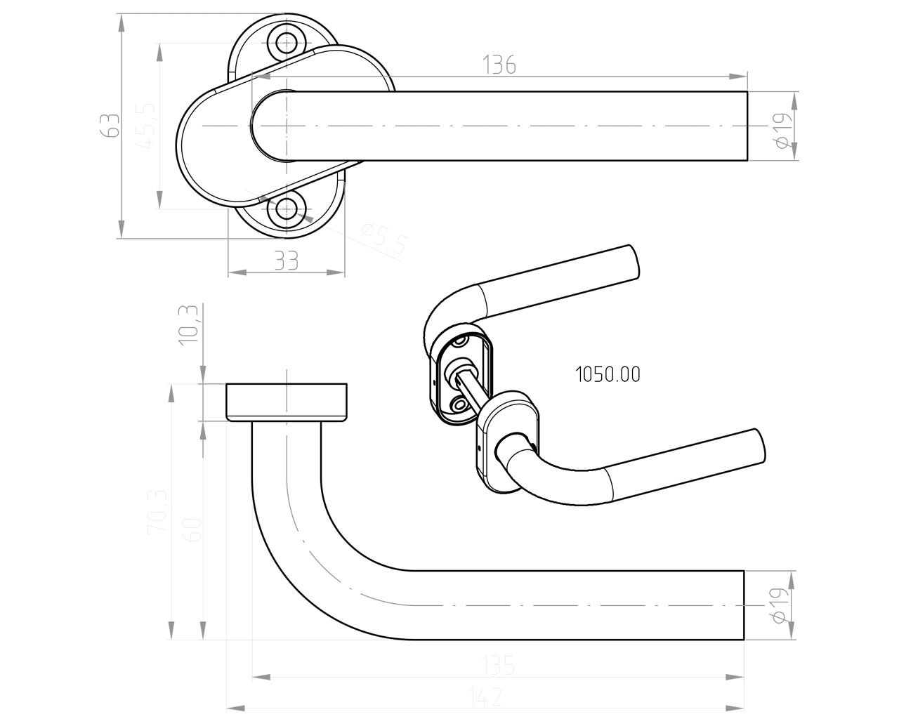 Гарнитур нажимной раздельный, кругл., +/-45°, нерж. сталь, штфт 8х100. Рис. 3