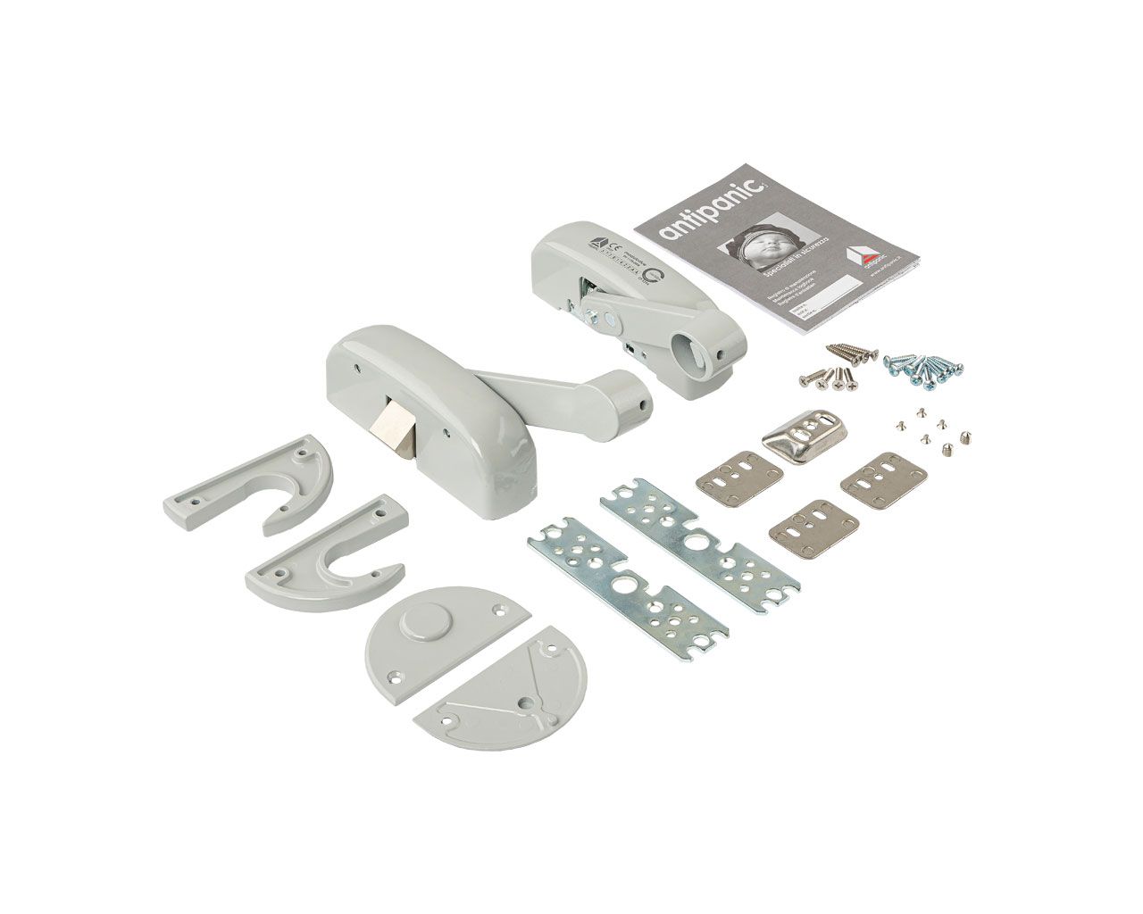 Гарнитур нажимной с декоративными накладками для активной створки антипаниковой ручки, 1 точка запирания горизонтальная (комплект деталей для установки), RAL9006, 401/TG6. Рис. 1 Гарнитур нажимной с декоративными накладками для активной створки антипаниковой ручки, 1 точка запирания горизонтальная (комплект деталей для установки), RAL9006, 401/TG6. Рис. 1