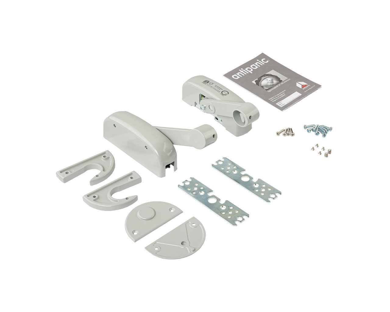 Гарнитур нажимной с декоративными накладками для антипаниковой ручки (комплект деталей для установки), 2 точки запирания вертикальные, серебр. RAL9006, 402/TG6. Рис. 1 Гарнитур нажимной с декоративными накладками для антипаниковой ручки (комплект деталей для установки), 2 точки запирания вертикальные, серебр. RAL9006, 402/TG6. Рис. 1