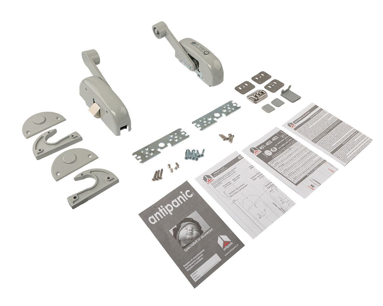 Гарнитур нажимной с декоративными накладками для антипаниковой ручки (комплект деталей для установки), 3 точки запирания горизонтальная и вертикальные, серебр. RAL9006, 403/TG6. Рис. 2