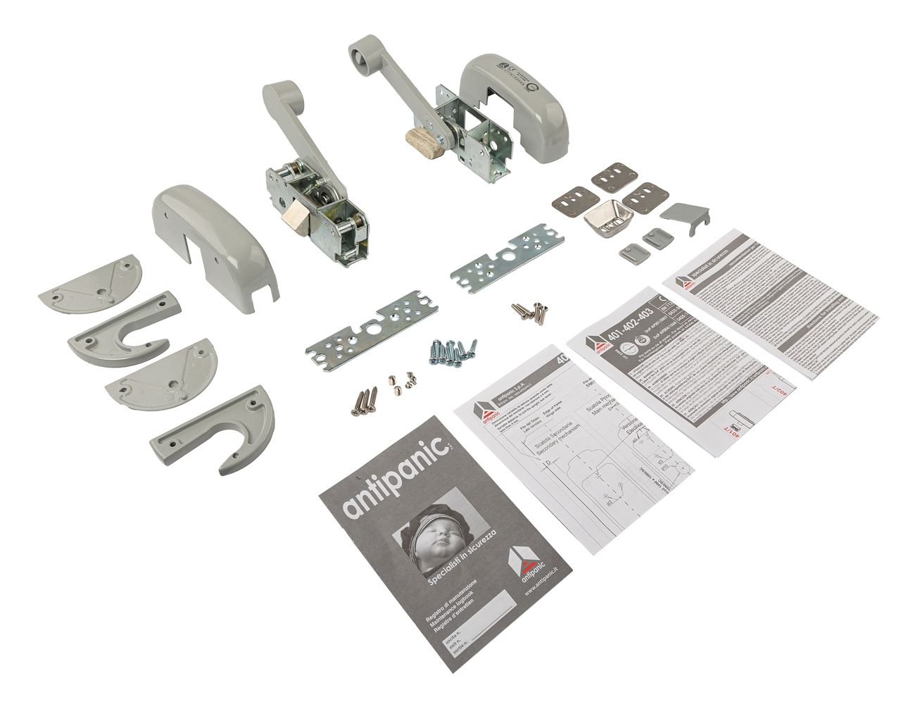 Гарнитур нажимной с декоративными накладками для антипаниковой ручки (комплект деталей для установки), 3 точки запирания горизонтальная и вертикальные, серебр. RAL9006, 403/TG6. Рис. 1