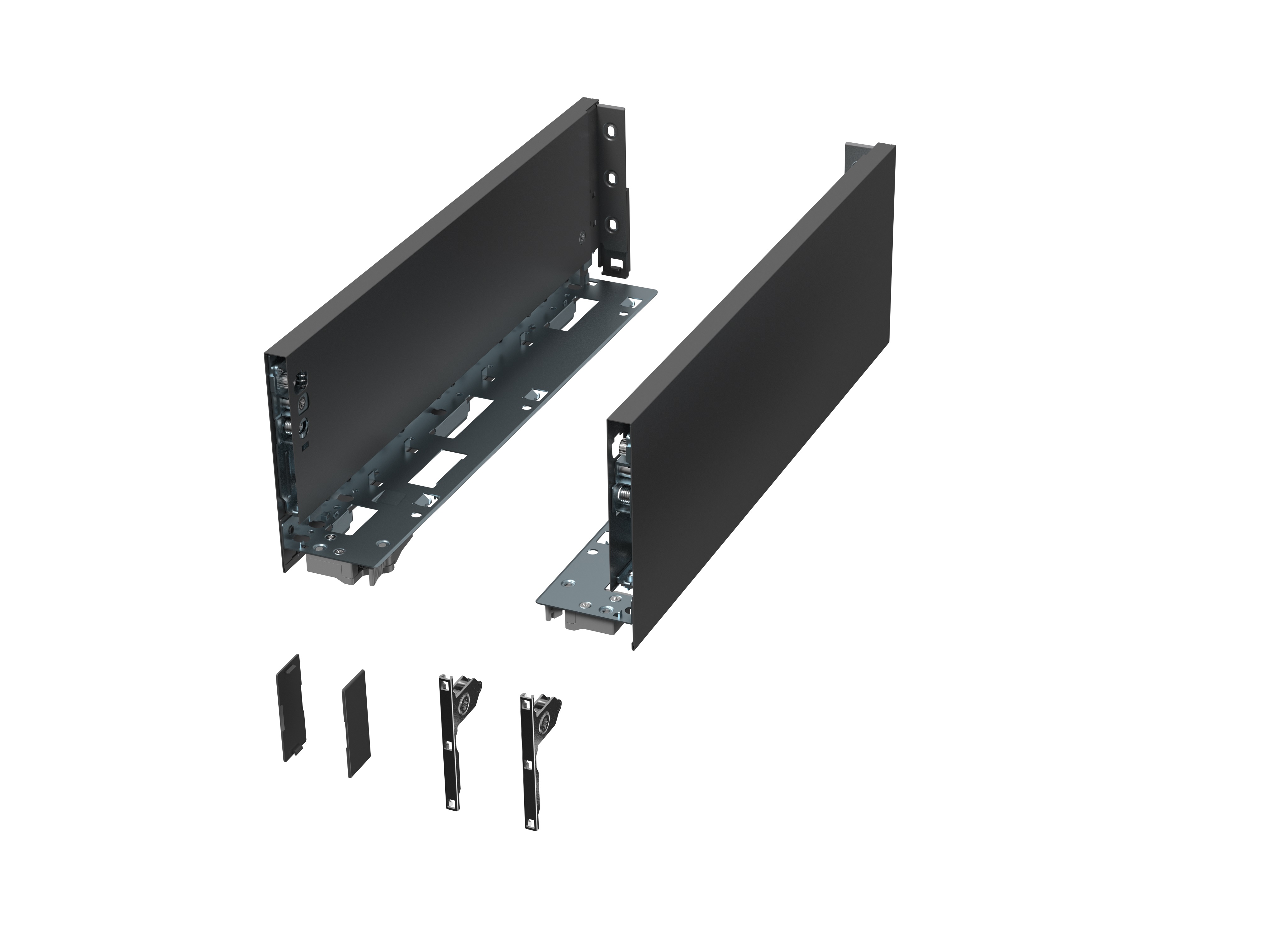 Комплект боковин ALPHALUX высота 133,5мм (medium), длина 500 мм (L/R, крепления фасада, заглушки) для ящика CRYSTAL, антрацит. Рис. 1 Комплект боковин ALPHALUX высота 133,5мм (medium), длина 500 мм (L/R, крепления фасада, заглушки) для ящика CRYSTAL, антрацит. Рис. 1