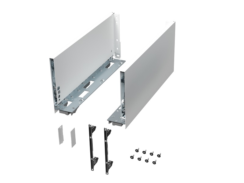 Комплект боковин ALPHALUX высота 180,5мм (high), длина 400 мм (L/R, крепления фасада, заглушки) для ящика CRYSTAL, белый. Рис. 1 Комплект боковин ALPHALUX высота 180,5мм (high), длина 400 мм (L/R, крепления фасада, заглушки) для ящика CRYSTAL, белый. Рис. 1