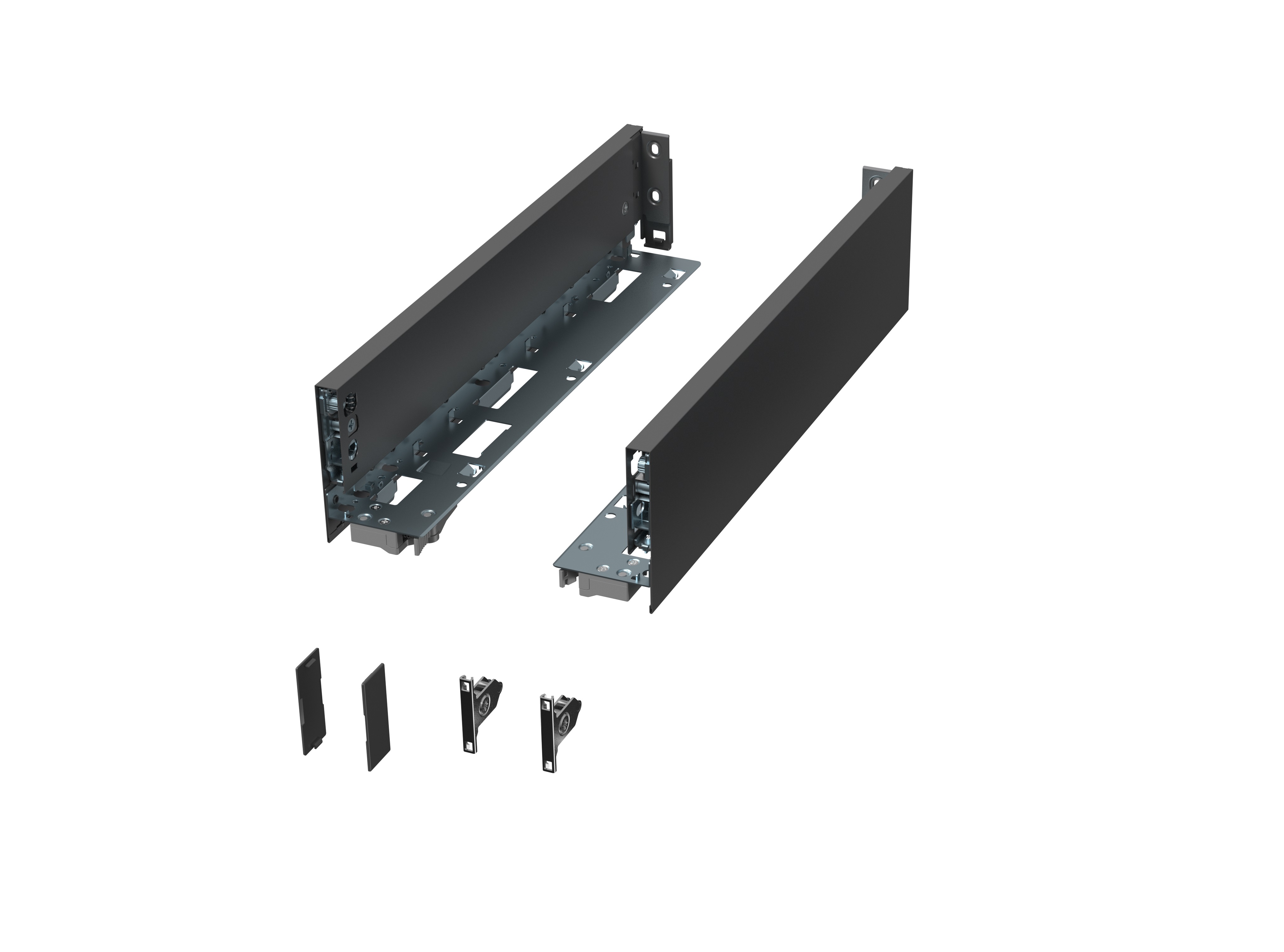 Комплект боковин ALPHALUX высота 95,5мм (low), длина 600 мм (L/R, крепления фасада, заглушки) для ящика CRYSTAL, антрацит. Рис. 1 Комплект боковин ALPHALUX высота 95,5мм (low), длина 600 мм (L/R, крепления фасада, заглушки) для ящика CRYSTAL, антрацит. Рис. 1