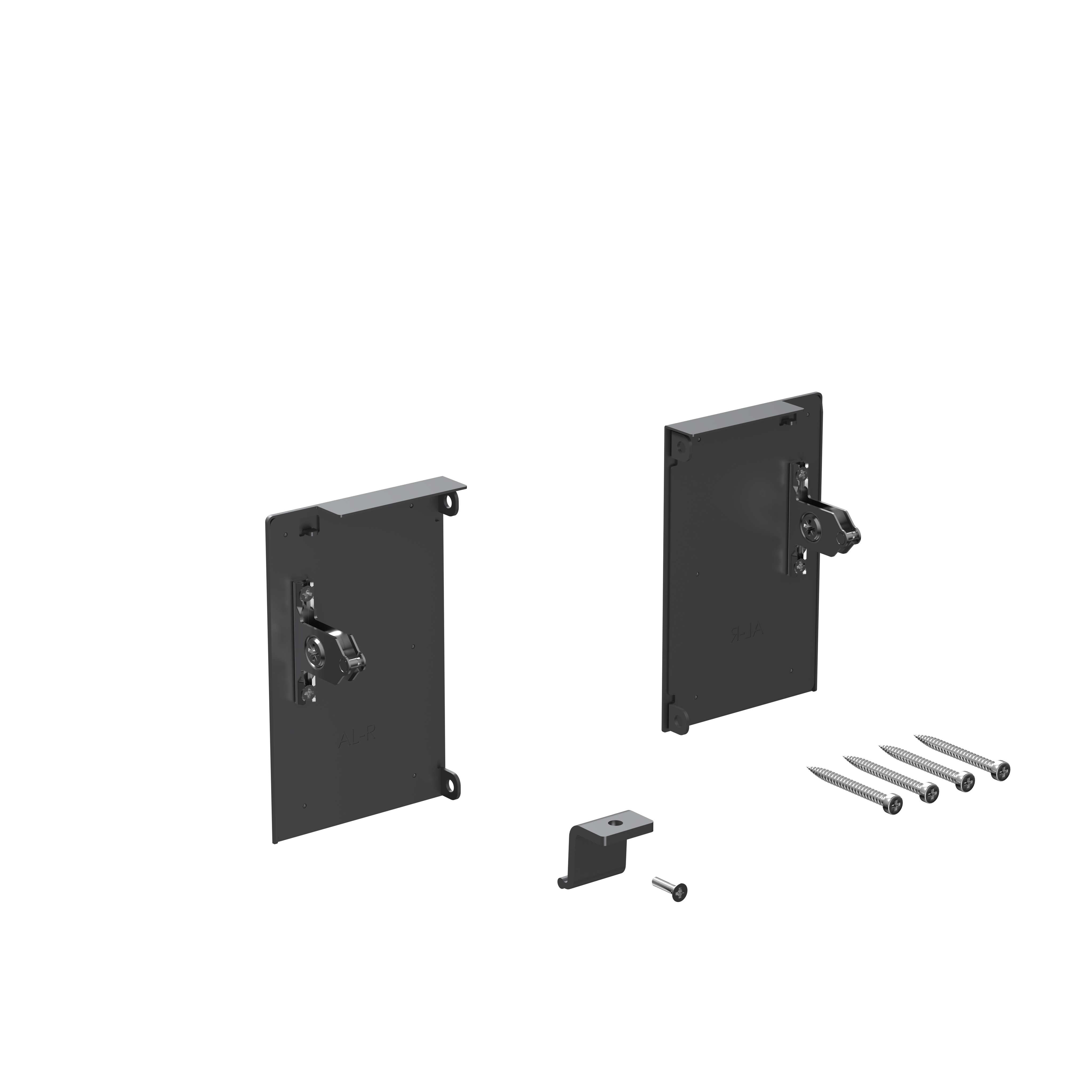 Комплект креплений передней панели ALPHALUX для внутреннего метал. ящика CRYSTAL высота L, антрацит (крепления L+R, уголок соединительный панели и дна, винты). Рис. 1