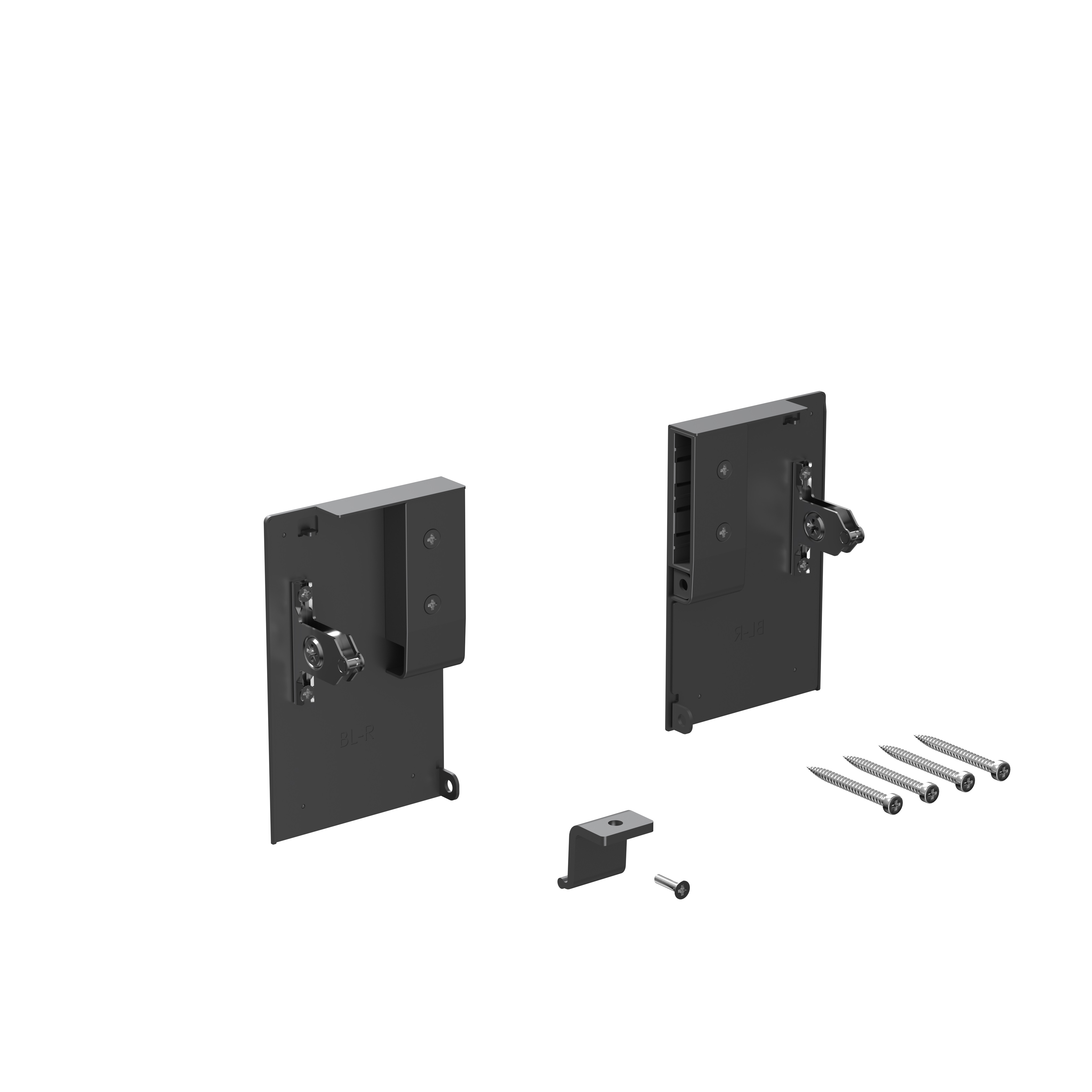 Комплект креплений передней панели ALPHALUX для внутреннего стекл. ящика CRYSTAL высота L, антрацит (крепления L+R, уголок соединительный панели и дна, винты). Рис. 1