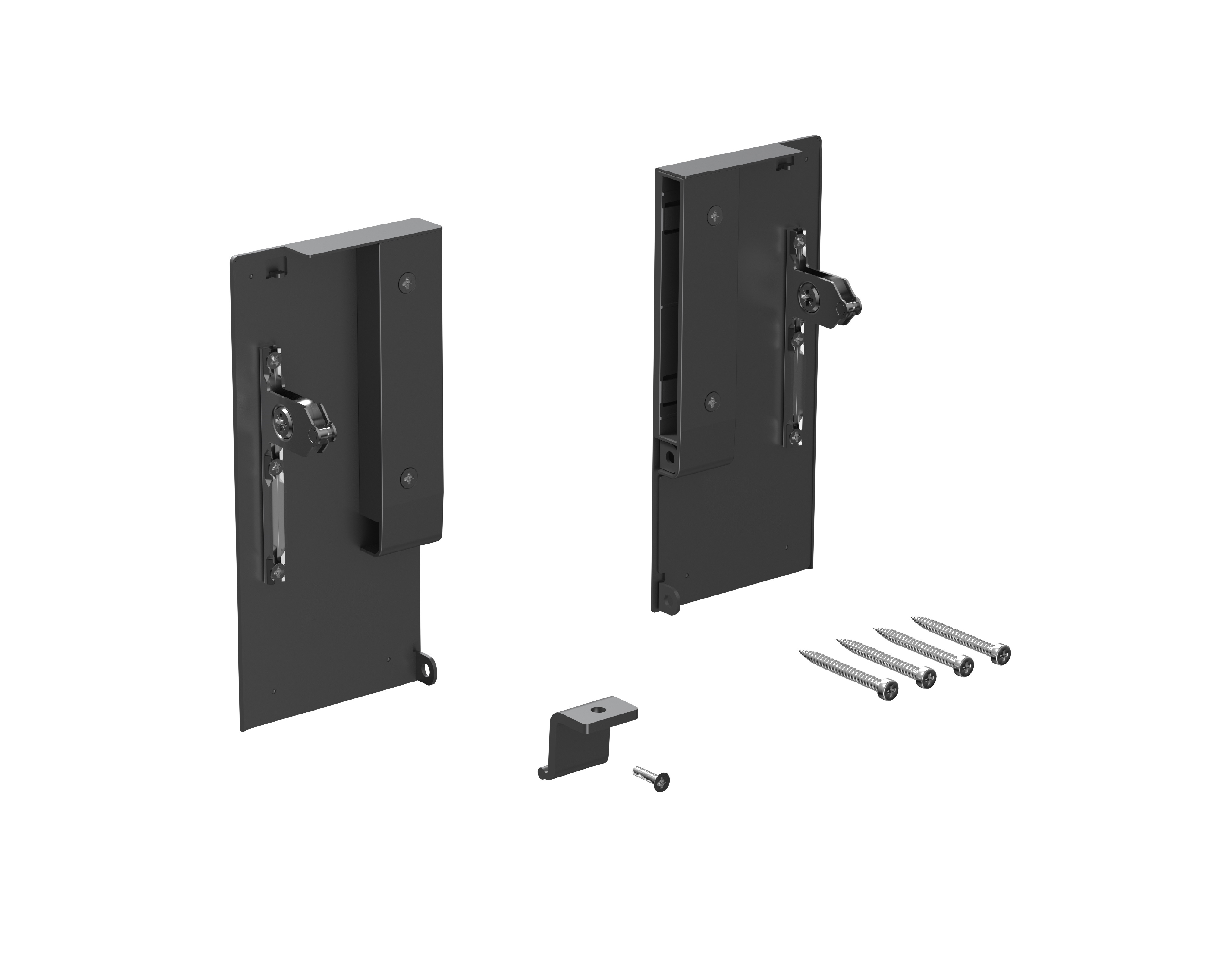 Комплект креплений передней панели ALPHALUX для внутреннего стекл. ящика CRYSTAL высота M, антрацит (крепления L+R, уголок соединительный панели и дна, винты). Рис. 1 Комплект креплений передней панели ALPHALUX для внутреннего стекл. ящика CRYSTAL высота M, антрацит (крепления L+R, уголок соединительный панели и дна, винты). Рис. 1