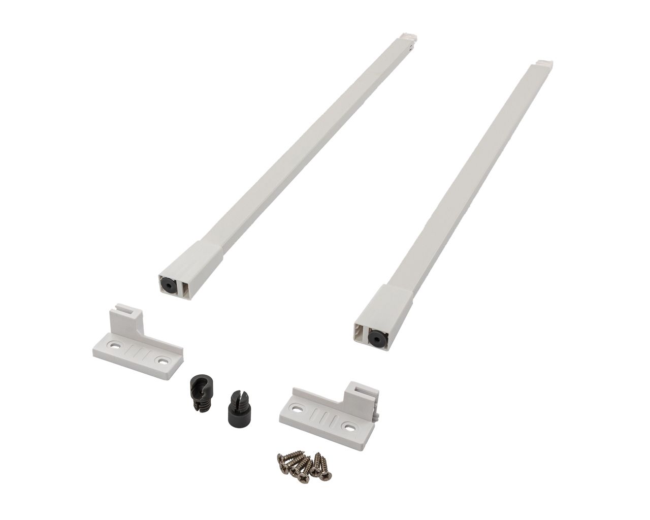 Комплект квадратных рейлингов для ящика Alphalux Crystal длиной 300 мм, (рейлинги, муфты под саморез, держатели к задней стенке + крепеж), белый. Рис. 1