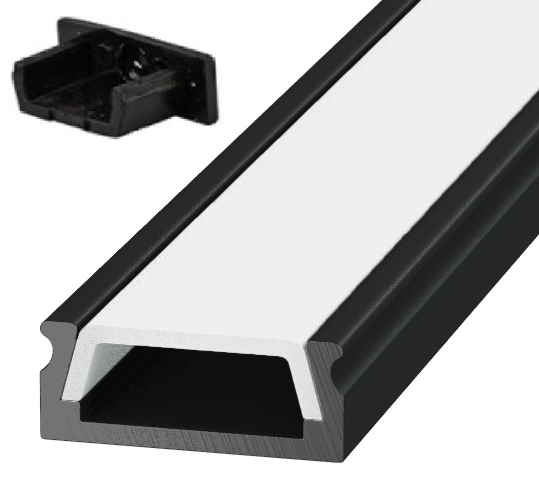 Комплект накладного профиля НП-3 (профиль, полуматовый рассеиватель, 2 заглушки, 2 крепежа), черный, L-2000