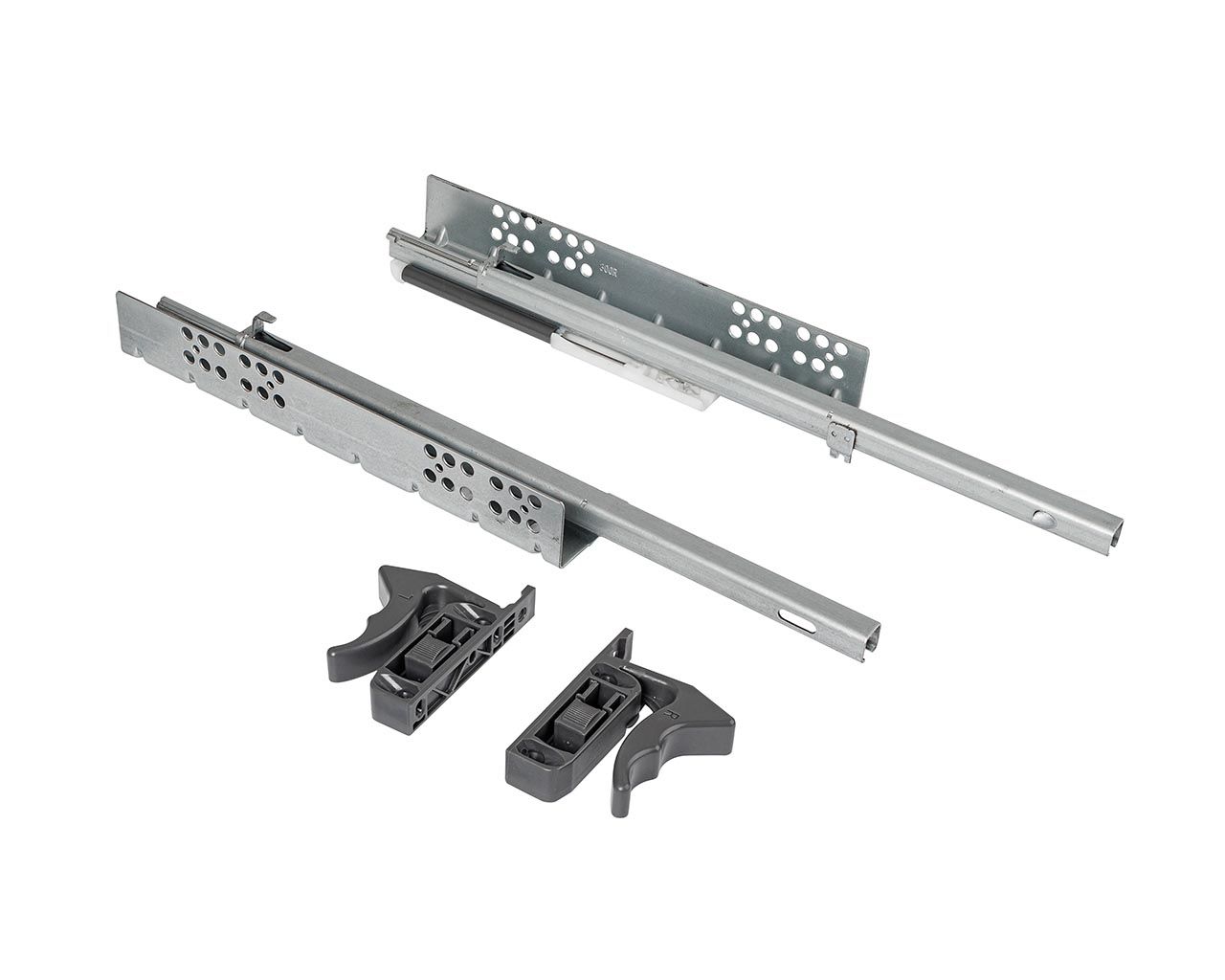 Комплект направляющих скрытого монтажа с фиксаторами Firmax Ecomotion L=500мм, частичного выдвижения с доводчиком, для ЛДСП 16мм. Рис. 1 Комплект направляющих скрытого монтажа с фиксаторами Firmax Ecomotion L=500мм, частичного выдвижения с доводчиком, для ЛДСП 16мм. Рис. 1