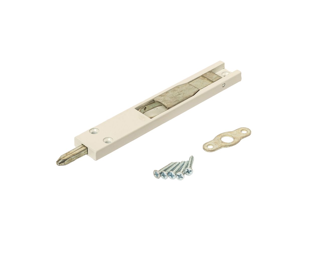 Комплект: шпингалет ELEMENTIS дверной накладной, ответная планка, саморезы, 140*22*8 мм, белый. RAL9016