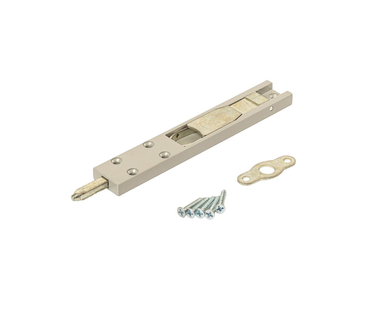 Комплект: шпингалет ELEMENTIS дверной накладной, ответная планка, саморезы, 140*22*8 мм, серебр. RAL9006