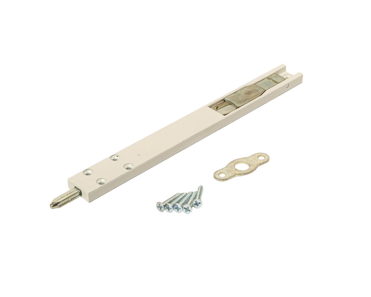 Комплект: шпингалет ELEMENTIS дверной накладной, ответная планка, саморезы, 220*22*8 мм, белый. RAL9016. Рис. 1