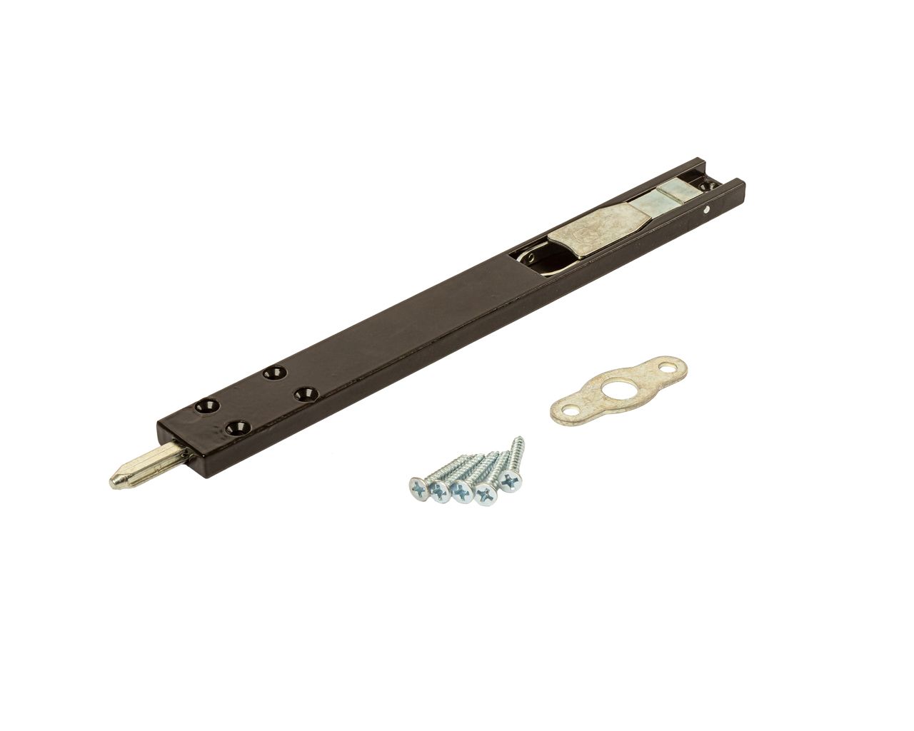 Комплект: шпингалет ELEMENTIS дверной накладной, ответная планка, саморезы, 220*22*8 мм, чёрный RAL9005