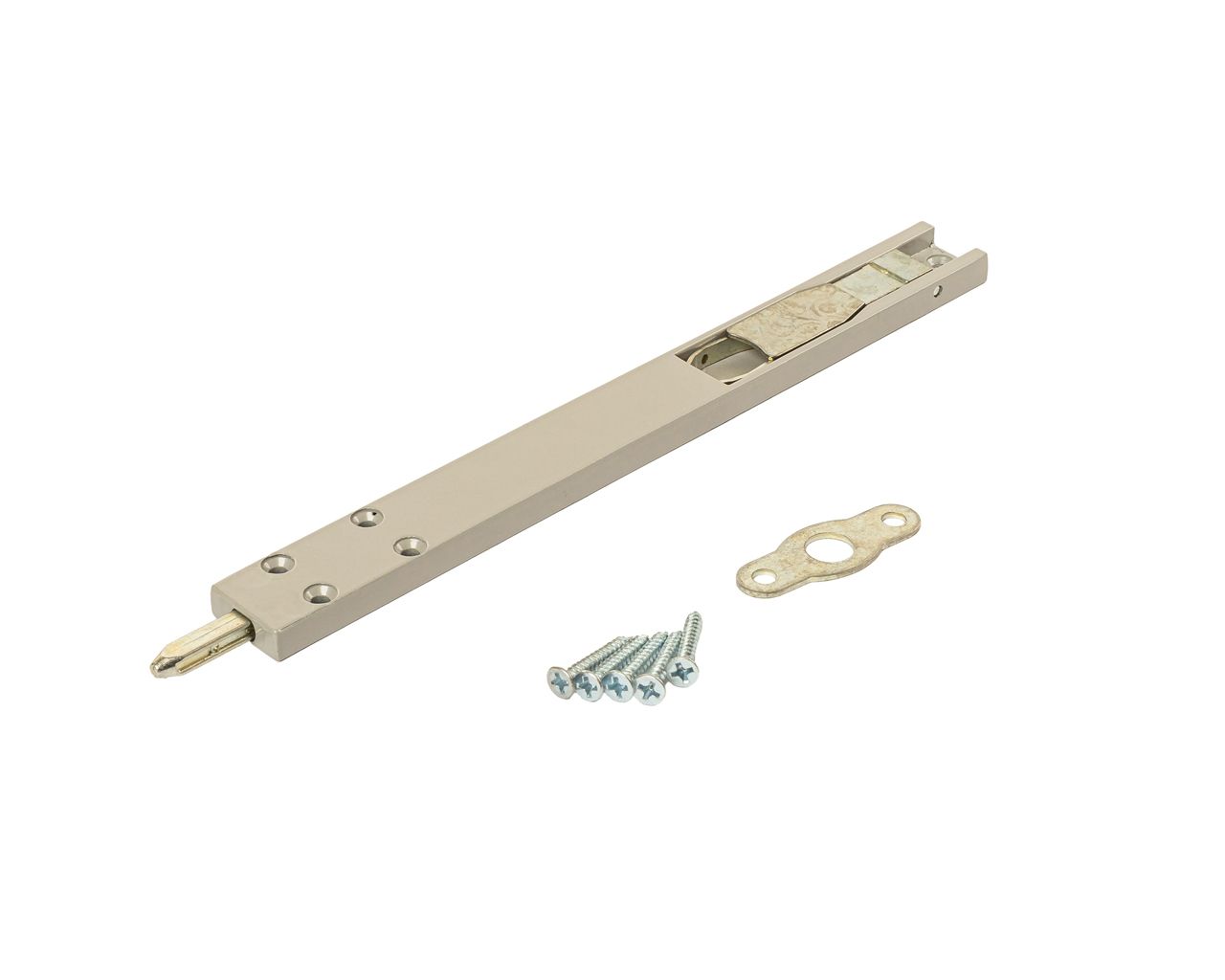 Комплект: шпингалет ELEMENTIS дверной накладной, ответная планка, саморезы, 220*22*8 мм, серебр. RAL9006. Рис. 1 Комплект: шпингалет ELEMENTIS дверной накладной, ответная планка, саморезы, 220*22*8 мм, серебр. RAL9006. Рис. 1