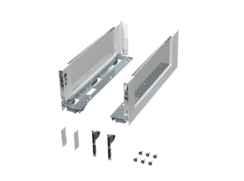 Комплект стеклянных боковин ALPHALUX высота 132мм (medium), длина 600 мм (L/R, крепления фасада, заглушки) для ящика CRYSTAL, белый. Рис. 1