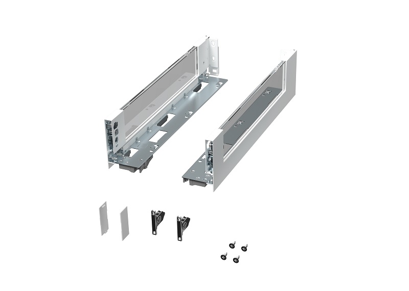 Комплект стеклянных боковин ALPHALUX высота 94мм (low), длина 550 мм (L/R, крепления фасада, заглушки) для ящика CRYSTAL, белый. Рис. 1