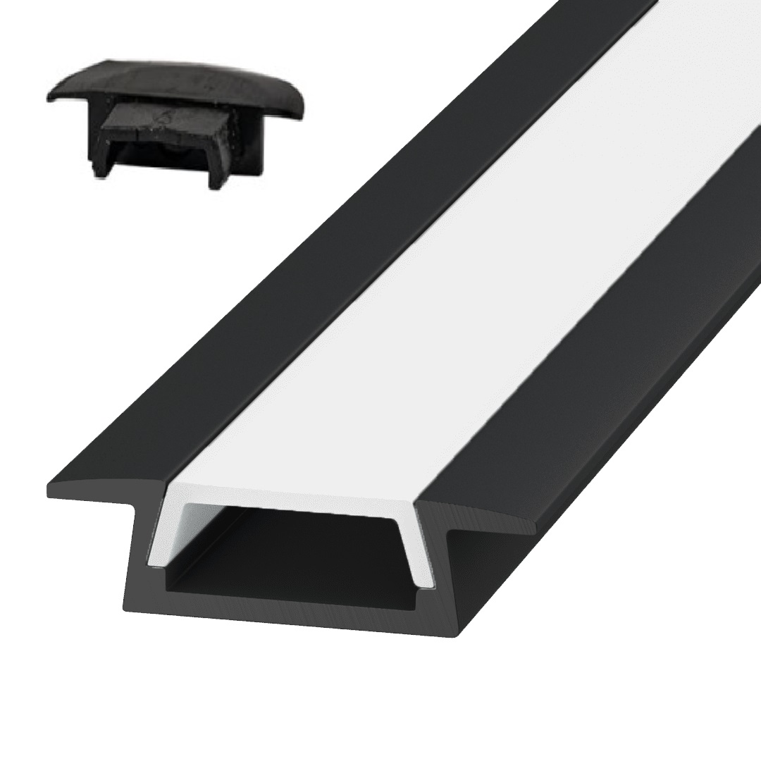 Комплект врезного профиля ВП-2 (профиль, полуматовый рассеиватель, 2 заглушки, 2 крепежа), черный, L-2000. Рис. 1 Комплект врезного профиля ВП-2 (профиль, полуматовый рассеиватель, 2 заглушки, 2 крепежа), черный, L-2000. Рис. 1