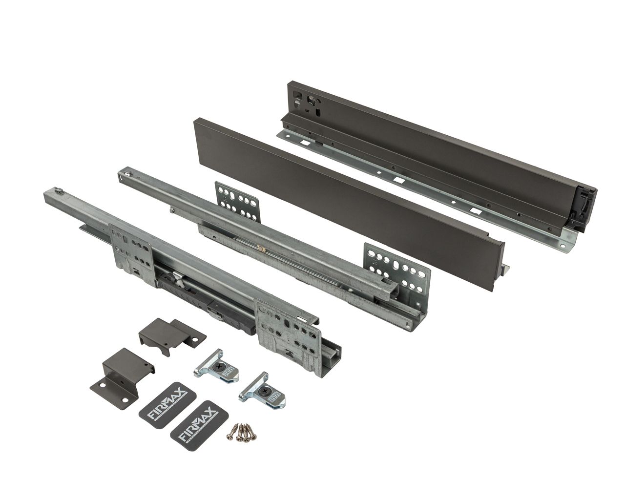 Комплект ящика Firmax Smartline, длина 450 мм, высота 64 мм, Push-to-Open, антрацит. Рис. 1 Комплект ящика Firmax Smartline, длина 450 мм, высота 64 мм, Push-to-Open, антрацит. Рис. 1