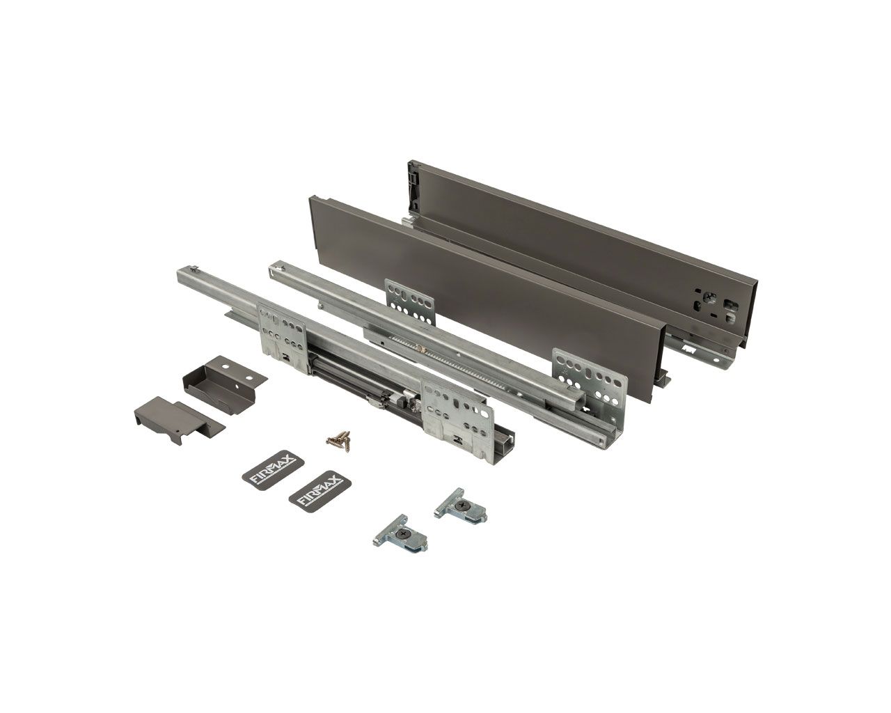 Комплект ящика Firmax Smartline, длина 450 мм, высота 84 мм, с доводчиком, антрацит. Рис. 1 Комплект ящика Firmax Smartline, длина 450 мм, высота 84 мм, с доводчиком, антрацит. Рис. 1