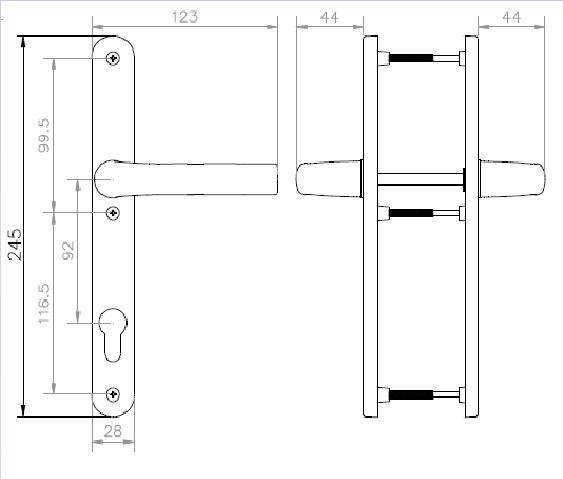 Нажимной гарнитур ALFA 28/92 подпруж. F1 серебро (3 винта посадочные Hoppe). Рис. 2 Нажимной гарнитур ALFA 28/92 подпруж. F1 серебро (3 винта посадочные Hoppe). Рис. 2