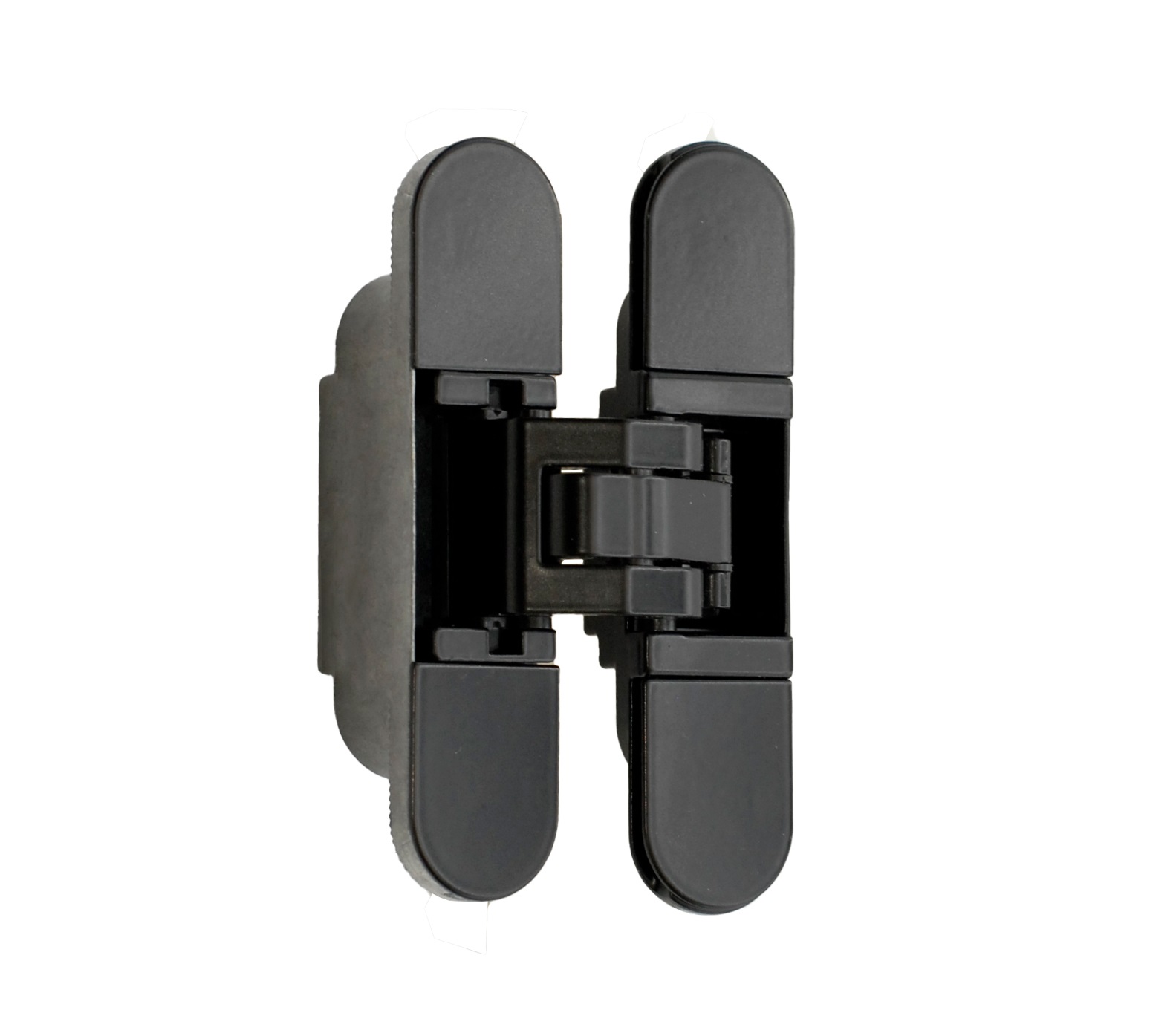 Петля дверная скрытая универсальная, 3D, 110x24 мм, 60 кг, цамак, черный матовый, с 4 мет. колпачками. Рис. 1