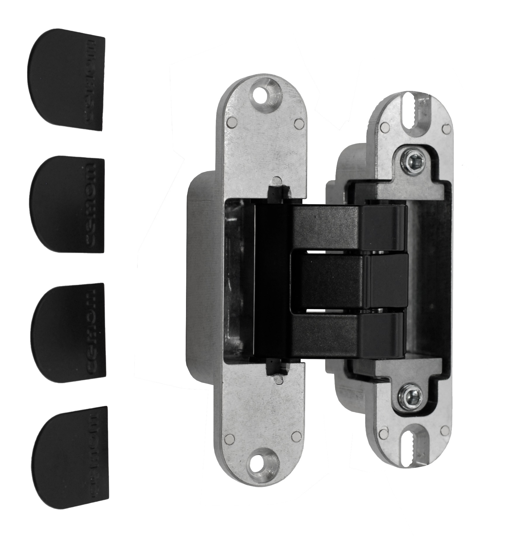 Петля дверная скрытая универсальная, 3D, 120x27 мм, 60 кг, цамак, черный матовый, с 4 пласт. колпачками. Рис. 3