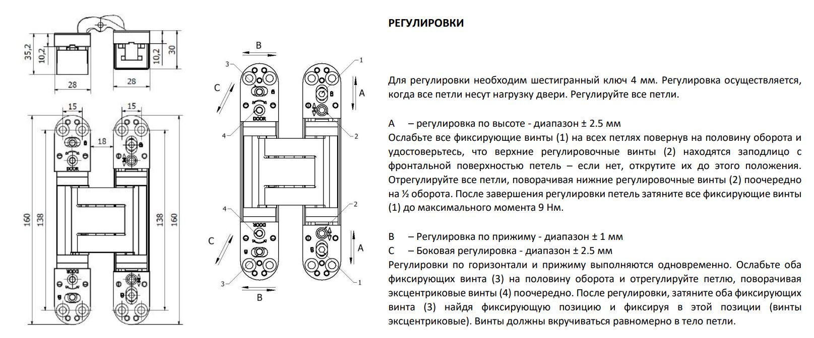 Петля дверная скрытая универсальная, 3D, 160х28 мм, 100 кг, сатин хром., с 4 металл. колпачками. Рис. 3