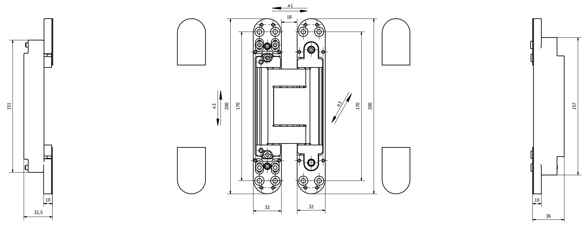 Петля дверная скрытая универсальная, 3D, 200х32 мм, 150 кг, черный, с 4 металл. колпачками. Рис. 3