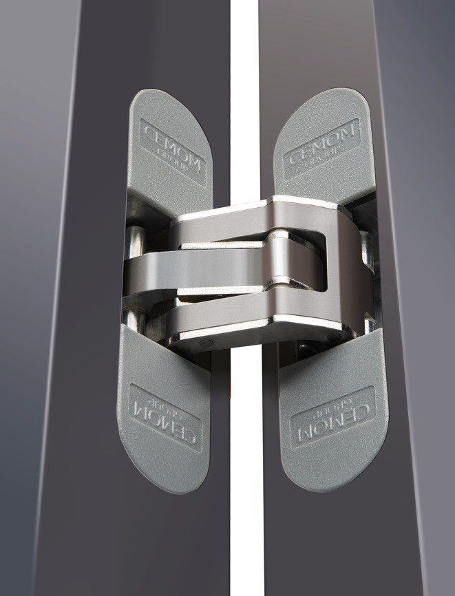 Петля дверная скрытая универсальная со смещением плоскостей, 3D, 111.5x29 мм, 50 кг, цамак никель сатин., с 4 пласт. колпачками. Рис. 1