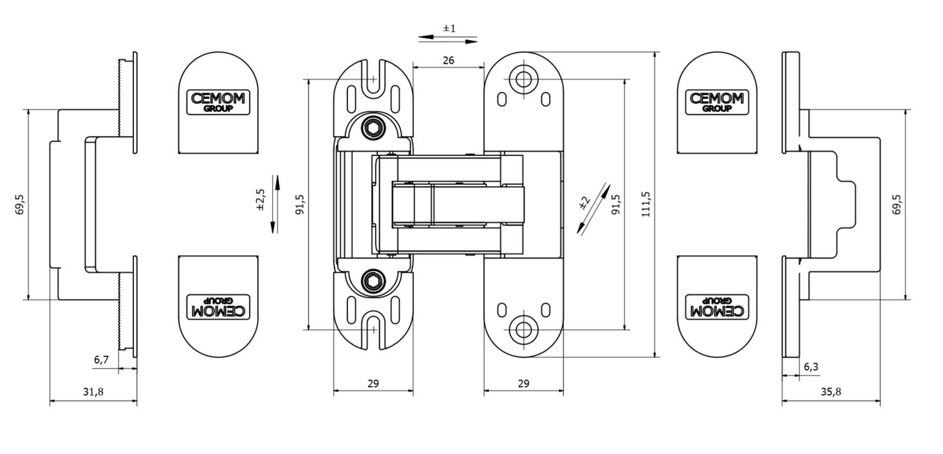 Петля дверная скрытая универсальная со смещением плоскостей, 3D, 111.5x29 мм, 50 кг, цамак никель сатин., с 4 пласт. колпачками. Рис. 2 Петля дверная скрытая универсальная со смещением плоскостей, 3D, 111.5x29 мм, 50 кг, цамак никель сатин., с 4 пласт. колпачками. Рис. 2