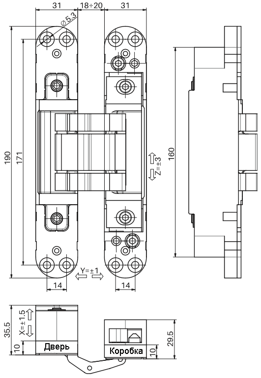 Петля скрытая, 3D, универсальная, 190x31 мм, 120 кг, цамак/алюминий, цвет белый матовый RAL 9016. Рис. 2 Петля скрытая, 3D, универсальная, 190x31 мм, 120 кг, цамак/алюминий, цвет белый матовый RAL 9016. Рис. 2