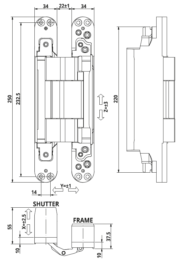 Петля скрытая, 3D, универсальная, 250x34 мм, 200 кг, цамак/алюминий, черный матовый. Рис. 2