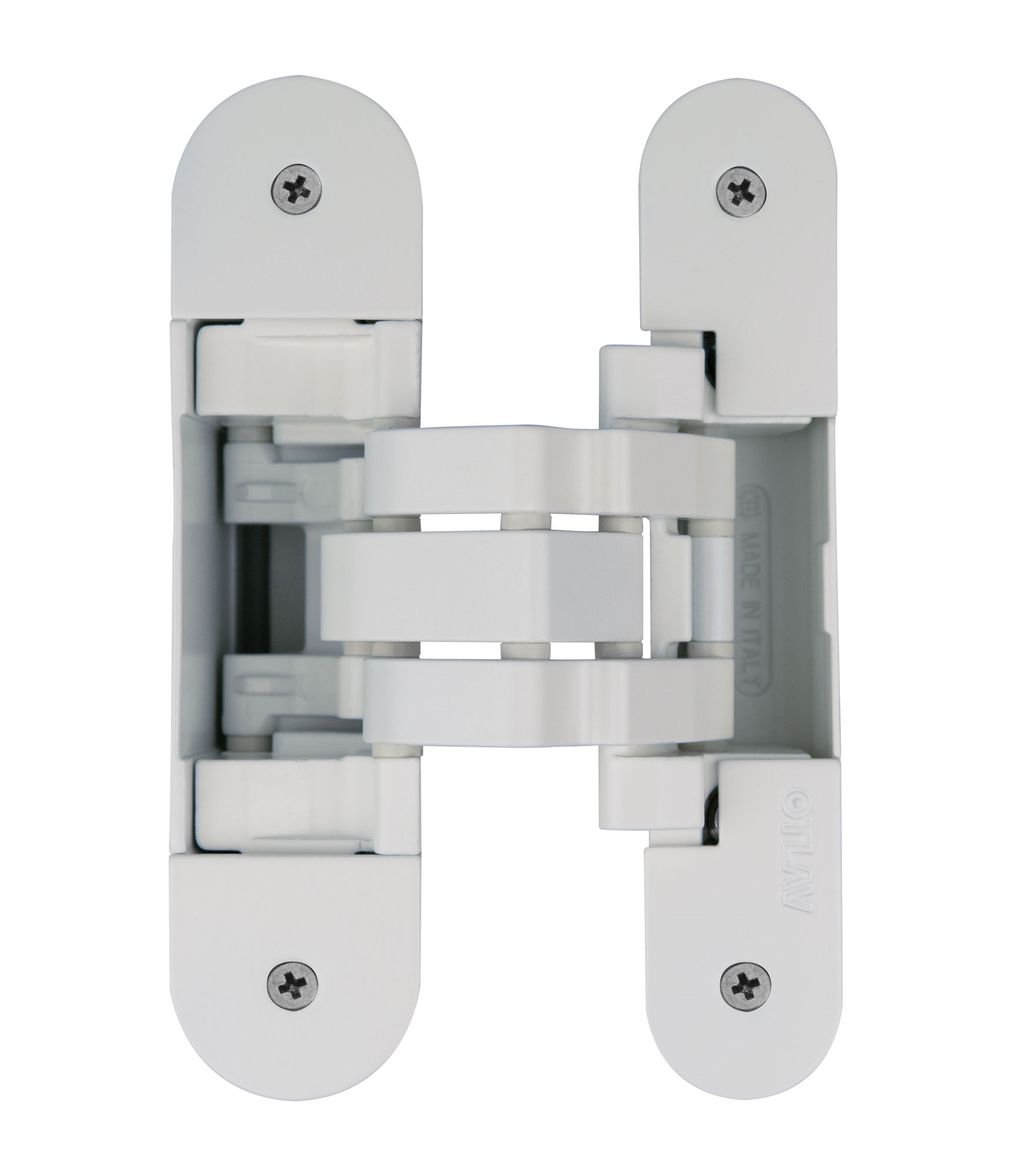Петля скрытая для компланарных дверей, универсальная, 3D, 130x32/25 мм, 60 кг, цамак и алюминий, с 4 накладками и 4 винтами для крепления накладок, белый. Рис. 1