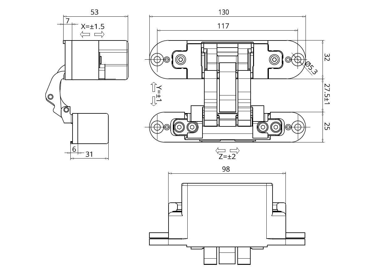 Петля скрытая для компланарных дверей, универсальная, 3D, 130x32/25 мм, 60 кг, цамак и алюминий, с 4 накладками и 4 винтами для крепления накладок, никель матовый. Рис. 3 Петля скрытая для компланарных дверей, универсальная, 3D, 130x32/25 мм, 60 кг, цамак и алюминий, с 4 накладками и 4 винтами для крепления накладок, никель матовый. Рис. 3