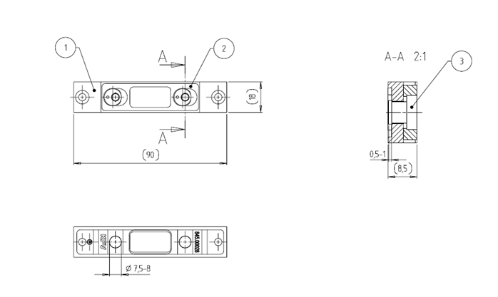 Планка ответная, регул., под шпингалет, для порога, плоская, 90*20* 8,5 мм, отверстие 12*24 мм, регул. приж. 3 мм. Рис. 1